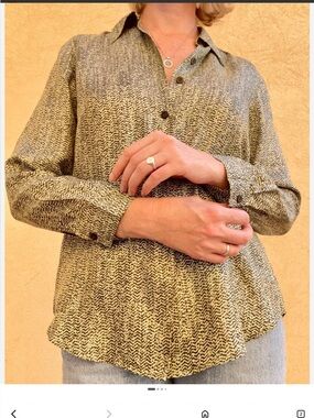 Mondi olive green and White Abstract Print Button-Down Shirt. 100% Silk EUC